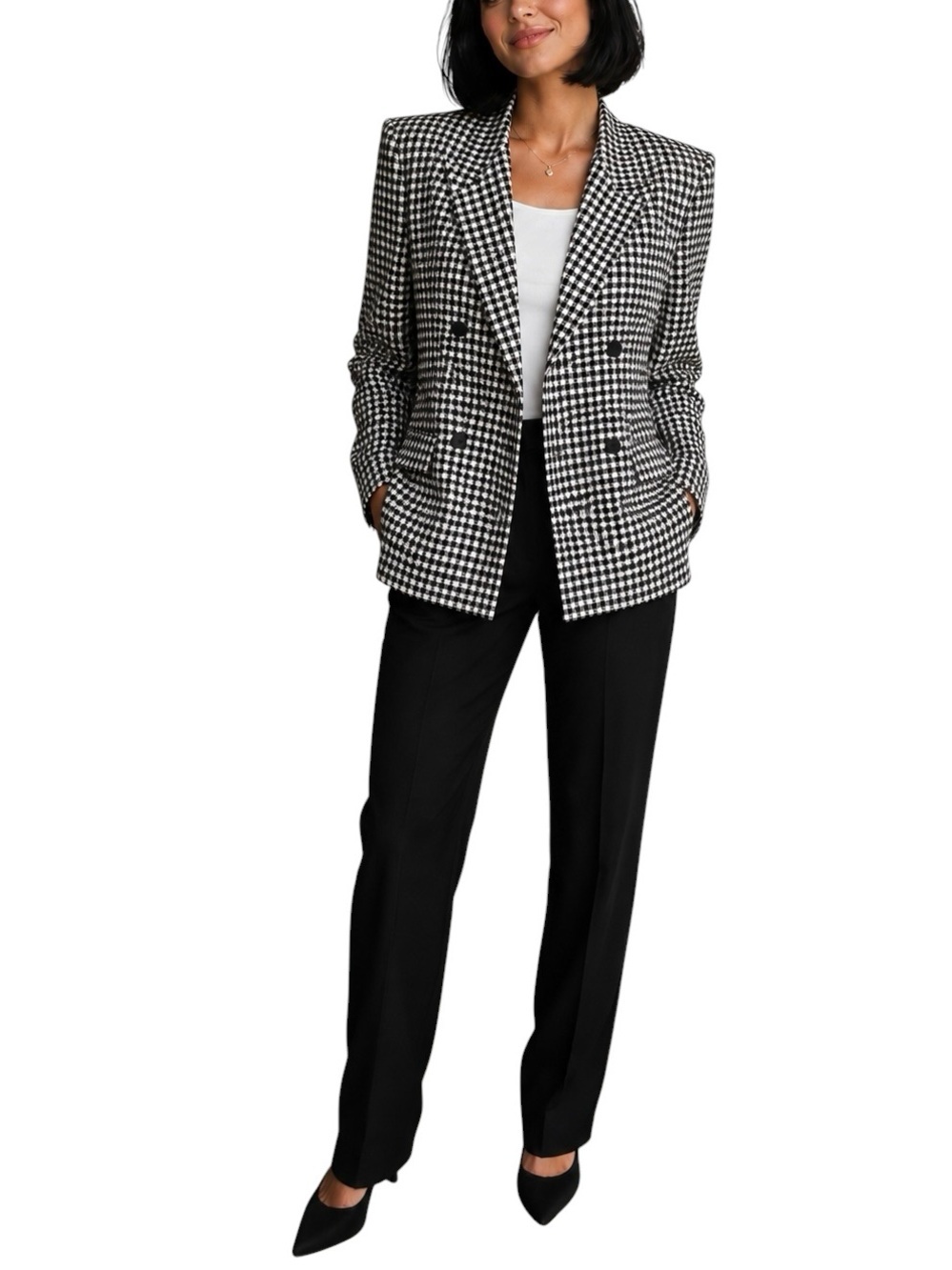 VTG USA 80s Checkered David Brooks Blazer 4 Button Front Navy White Women’s 14